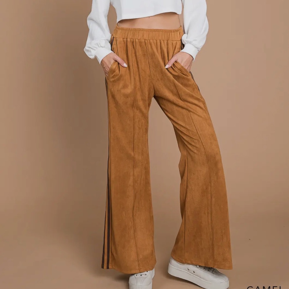 ShopEvelynne - Tan Wide Leg Pants faux suede with pinstripes on side - Picture 2 of 2